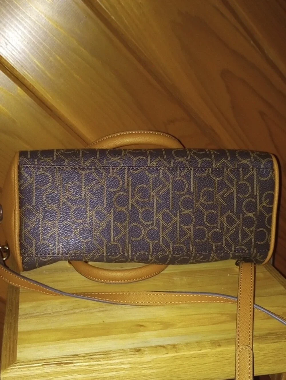 Calvin Klein Brown Monogram Satchel with Tan Trim and Gold Chain